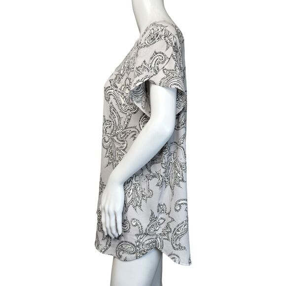 Loft Shirt Womens Large Gray White Paisley Blouse Neutral Cutout Office Casual - Picture 3 of 8